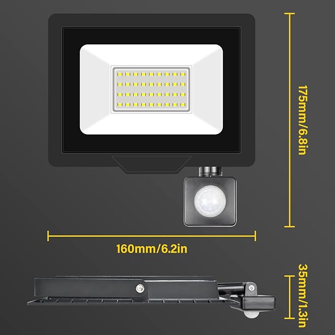 30W Motion Sensor Flood Light Outdoor 3000 LM Outdoor LED Spotlight IP66 Waterproof 6000K Daylight Security Lights for Garden Garage Yard Sports Ground （2 Pack） 110V