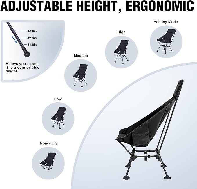 MOON LENCE Folding Portable High Back Camping Chairs for Adults Adjustable Oversize Lightweight for Beach Hunting Hiking Backpacking (Black with Anti-Sinking Feet)
