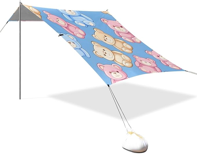 Seamless Teddy Bear Camping Sun Shelter Beach Tent Portable Beach Sun Shade Outdoor Canopy for Camping Trips Fishing Picnic