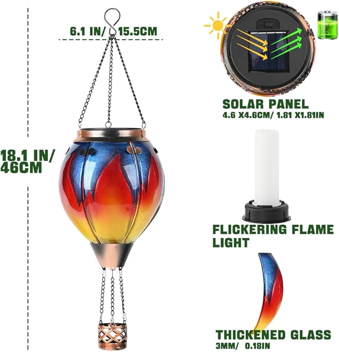 Hot Air Balloon Solar Lantern - Simulated Flickering &amp Dancing Flame Glass Lantern  Outdoor Hanging Yard Light Waterproof IP65 for Garden Patio Lawn Porch Decor Gift