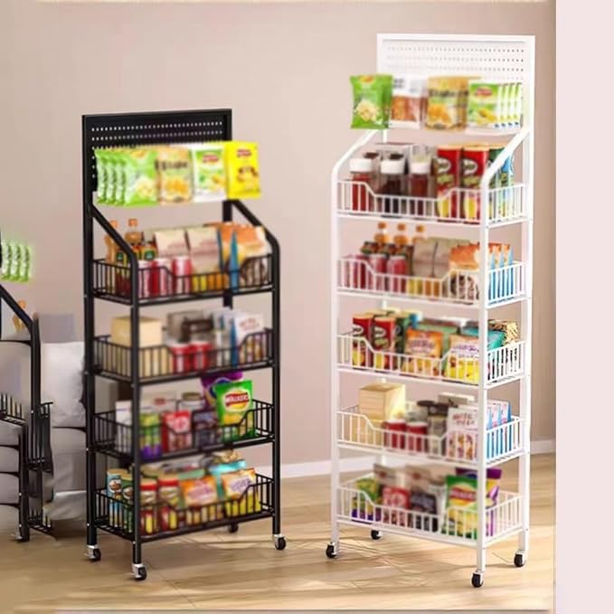 5-Tier Metal Snack Display Rack for Markets - Versatile Floor Stand Shelf for Chips Fruits &amp More -