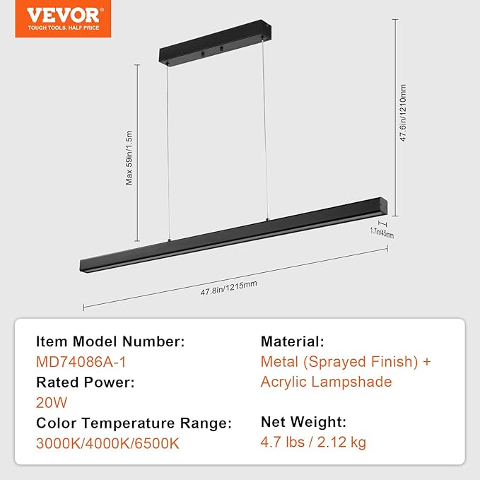 VEVOR Dimmable Linear Pendant Light 20W 47 in LED Linear Light Fixture Chandelier with Acrylic Lampshade 3000K / 4000K / 6500K Color Temperature Adjustable Height for Dining Room Kitchen Island