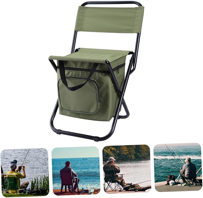 Folding Fishing Chair with Backrest Portable Outdoor Camping Seat and Insulated Cooler Bag Lightweight and Durable for Fishing Beach Picnic and Travel
