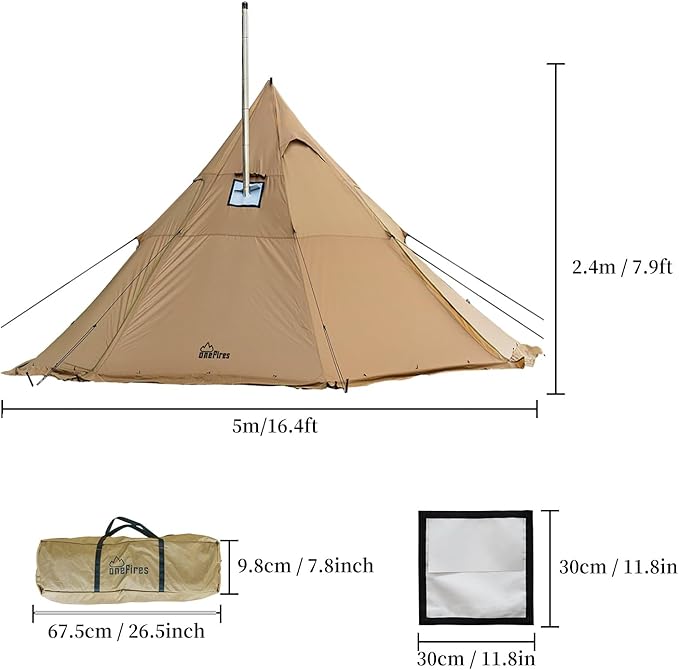 Hot Tent with Stove Jack Onefires Large Teepee Tent for Outdoor Family Camping 4-8 Person | with Stove Jack Large for Family Camping