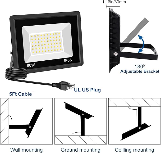 3 Pack 80W LED Warm White Floodlight 3000K Outside Flood Light with Plug Ultra Bright 10400LM Outdoor Security Lights IP66 Waterproof Flood Lights for Yard Garden Lawn Patio