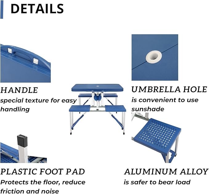 4Ft Folding Camping Picnic Table with 4 Chairs with Umbrella Hole Lightweight Suitcase Card Table-220 Lbs Support Aluminum Frame Plastic RV Tabletop for Outdoor Party Beach and Backyard