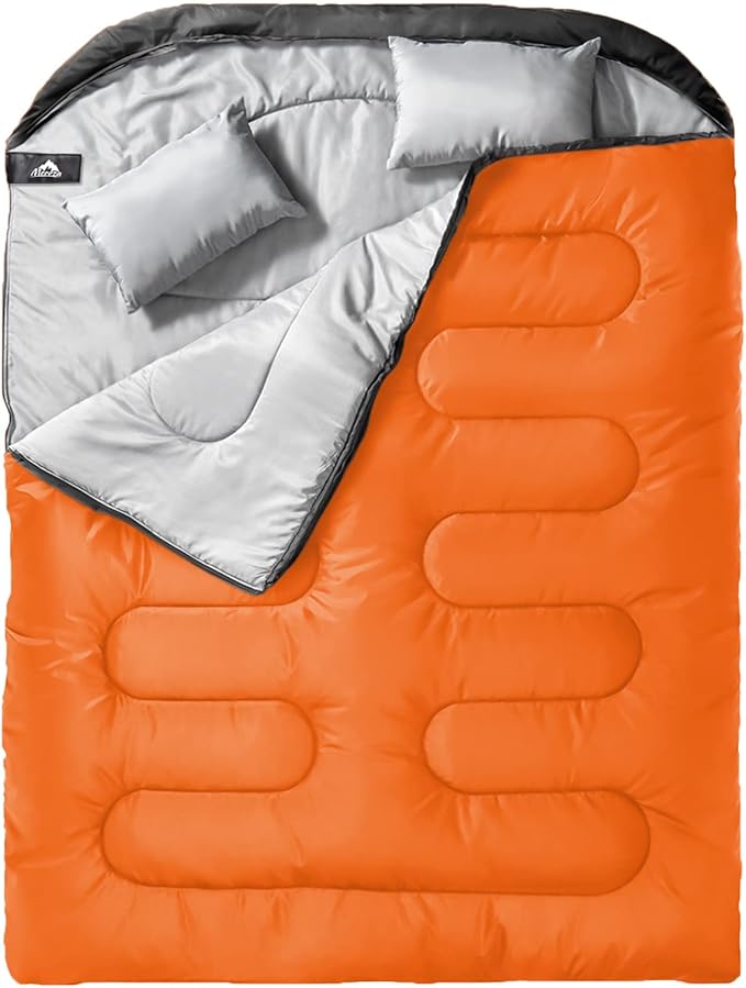 MEREZA Double Sleeping Bag for Adults Mens with Pillow XL Queen Size Two Person Sleeping Bag for All Season Camping Hiking Backpacking 2 Person Sleeping Bags for Cold Weather &amp Warm