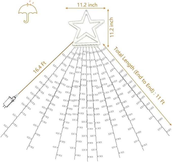 Outdoor Christmas Star String Lights 320 LED 11.5 ft Waterfall Tree Lights with 8 Lighting Modes for Indoor/Outdoor Yard Home Festival Party Xmas New Year Decor