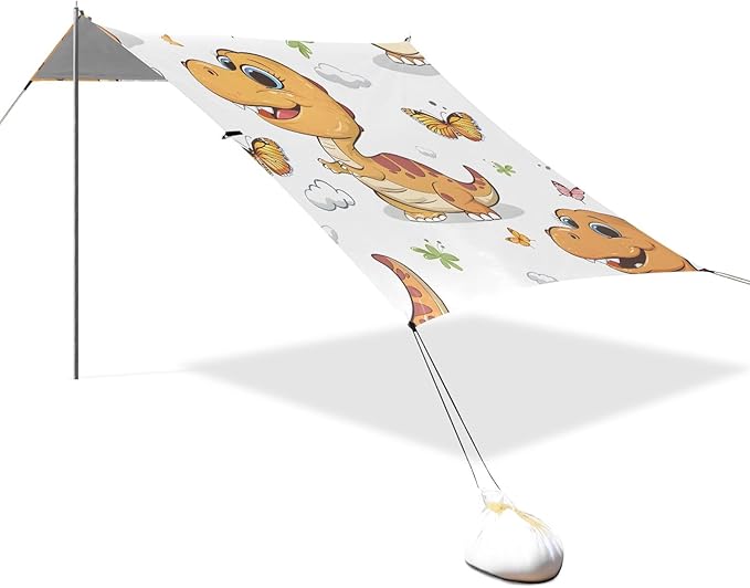 Cute Cartoon Dinosaur Butterfly Playing Camping Sun Shelter Beach Tent Portable Beach Sun Shade Outdoor Canopy for Camping Trips Fishing Picnic