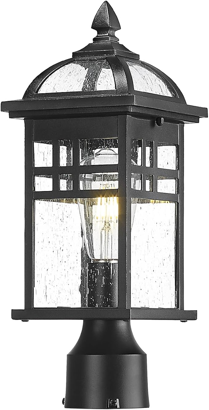 Emliviar 16 Inch Outdoor Lamp Post Light Fixture Modern Outdoor Pillar Light for Outside Waterproof Aluminum in Black Finish Seeded Glass DE281P BK