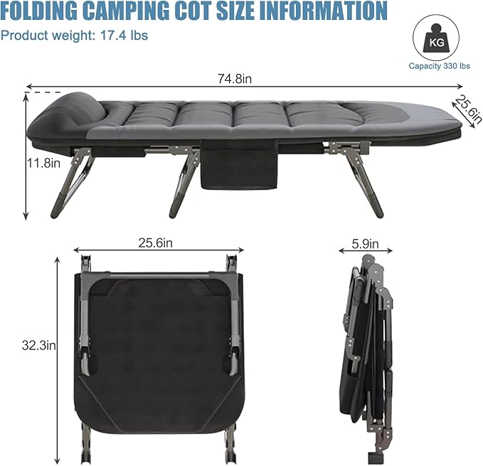 Folding Camping Cot for Adults with Adjustable Backrest &amp Pillow Portable Lounge Chair Bed 6-Position Recliner Waterproof Outdoor Cot Supports 450lbs Includes Side Pocket (Brown)