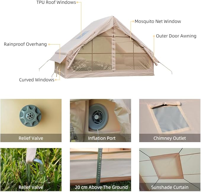 Inflatable Tents for Camping Blow Up Tent with Hand Pump Easy Setup 4 Season Inflatable Tent with Mesh &amp Chimney Window. Waterproof Oxford Air Tents for Camping 4/6/8/10/12