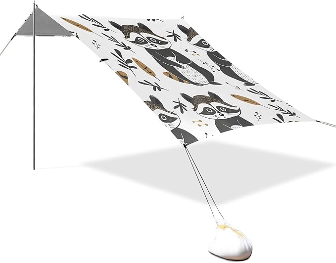 Cute Raccoon in Doodle Style Camping Sun Shelter Beach Tent Portable Beach Sun Shade Outdoor Canopy for Camping Trips Fishing Picnic