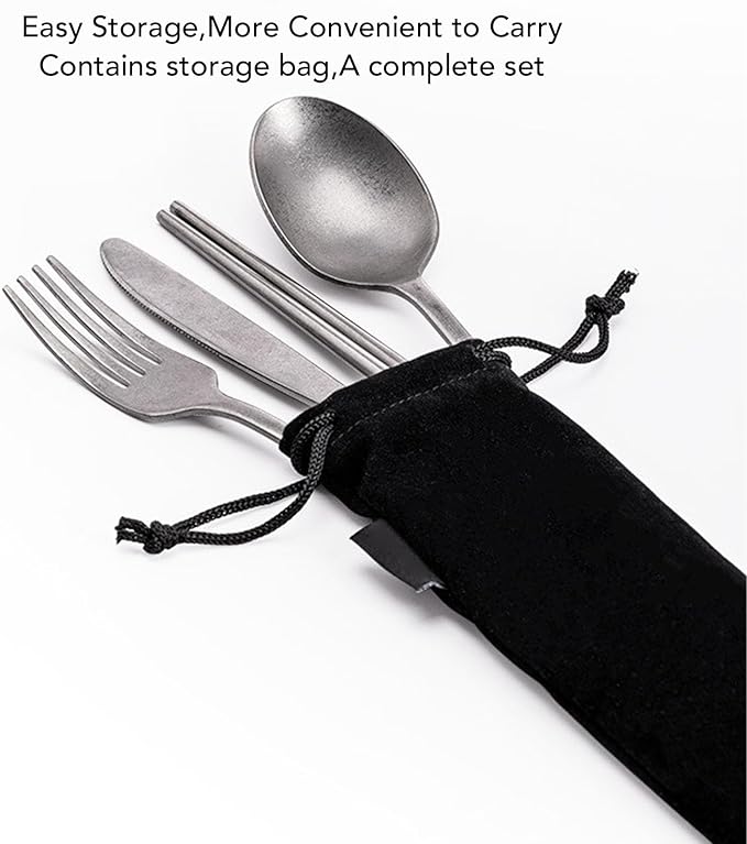 Cosiki Stainless Steel Tableware Set Vintage Silver Spoon Fork Cutter Chopsticks Portable Cutlery Set with Storage Bag for Travel Picnic Camping