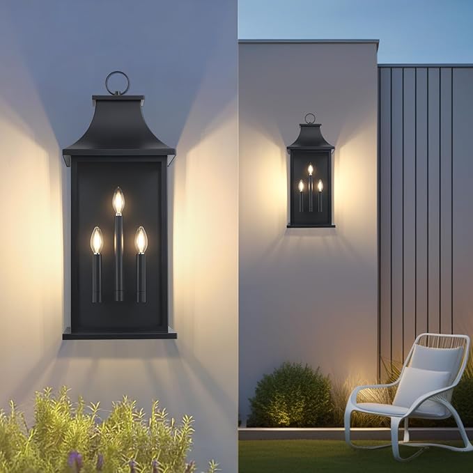 Extra Large Outdoor Wall Lights Outside Lights Exterior Lighting Fixtures Wall Mount Wall Sconce Light Outdoor Lanterns for Porch Black 28 3-Light 1-Pack