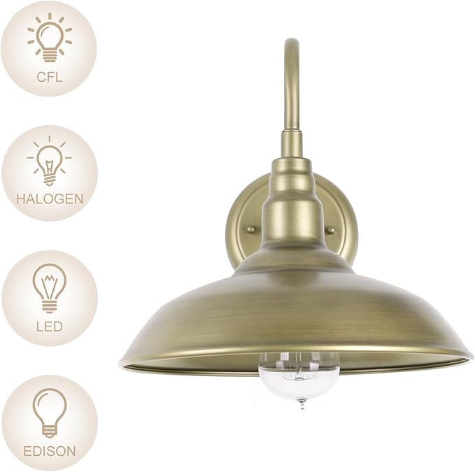 Brass Outdoor Gooseneck Light 10'' Diameter Gooseneck Barn Wall Sconce for Porch Exterior Waterproof Farmhouse Light Fixture with Wall Mount 2 Pack LM2201-GL-2P