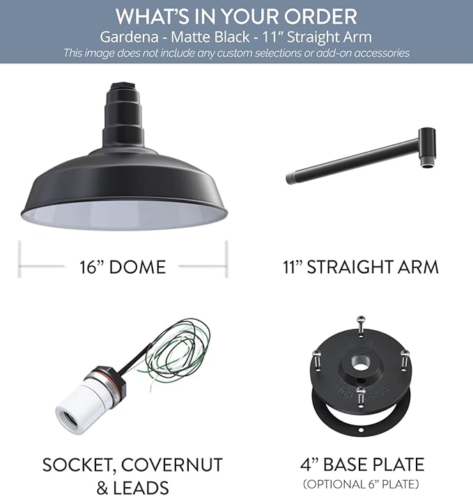 Steel Lighting Co. | Dusk to Dawn | Gardena Barn Light | Outdoor Wall Mounted | 16 Dome | 11 Straight Arm | Farmhouse Light Made in America | Matte Black Exterior/White Interior