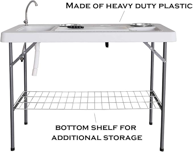 Old Cedar Outfitters Deluxe Fish Fillet Table or Portable Folding Camping Kitchen with Cutting Board Bowls Knife Odor Bar Sink Drain and More! 49.8 x 25.6 x 37.2 WhiteCamp