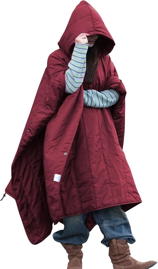 DUKUSEEK Outdoor Wearable Camping Blanket Large Packable Backpacking Hooded Stadium Blankets Lightweight Warm Quilt for Picnic Hiking Football 79X56 Wine Red