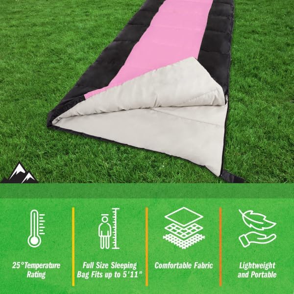 Sleeping Bag - 3 Season Warm and Cool Weather Sleeping Bags for Adults Teens and Kids - Lightweight Compact Spring Summer Fall Camping Sleeping Bag - Camping Essentials by Wakeman