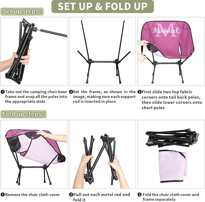 Custom Rose Pink Portable Camping Chair Personalized Backpacking Chair with Name Lightweight Foldable Chairs for Hiking Beach