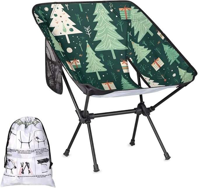 Portable Camping Chair Xmas Tree Ultralight Folding Camping Chair Christmas Tree Backpacking Hiking Chair with Cup Holder for Outdoor Travel Beach Picnic Festival Compact Portable 176 lbs Capacity