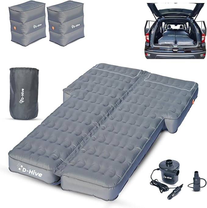 D-Hive Shortened Length - Unbeatable Durability SUV Air Mattress for Car Camping Durable Extra Thick 300D Oxford Fabric Quick Easy Set-Up w/Electric Pump Car Mattress with Base Extenders 180cm