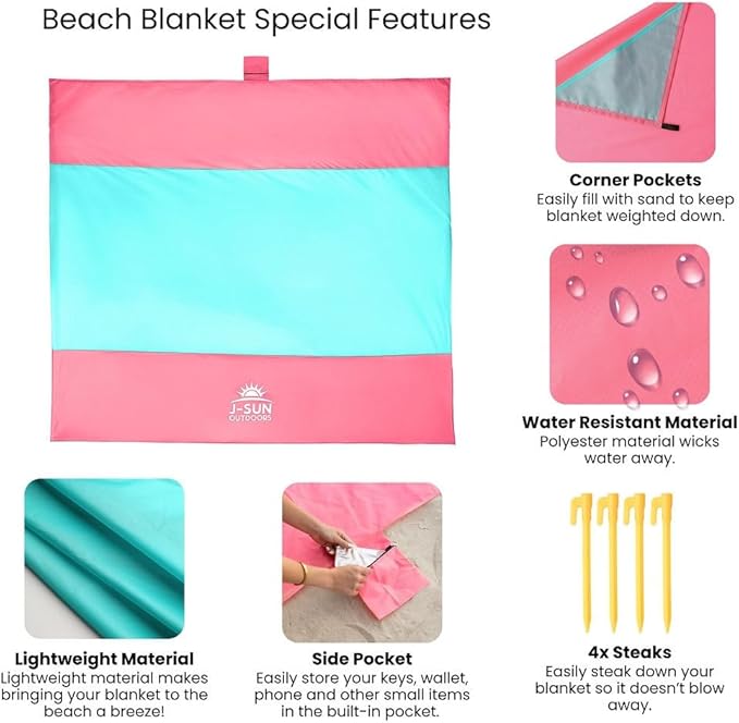 XL Beach Blanket Sandproof Waterproof for 4-6 Adults - 10ft x 9ft Beach Mat with Zippered Pocket 4 Stakes &amp Storage Bag | Lightweight 1.4 lbs Quick-Dry Blanket for Beach Camping &amp Picnic