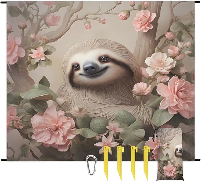 Waterproof Sandproof Beach Blanket 59''×68'' Sloth Polyester Outdoor Picnic Blanket with 4 Stakes &amp Storage Bag for BeachCampingVacation Flower