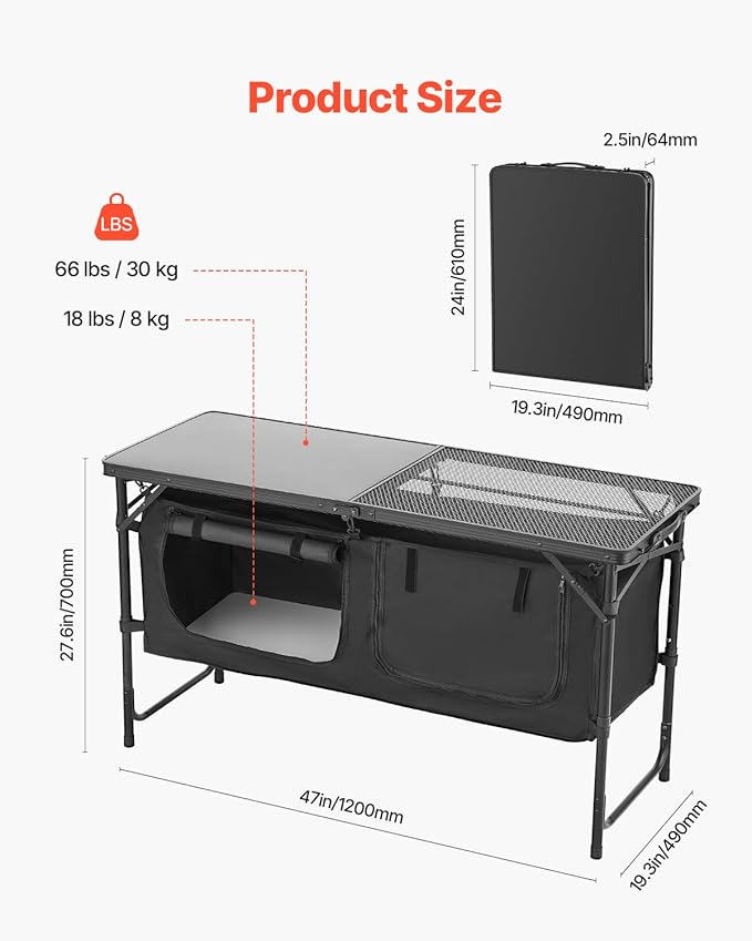 VEVOR Camping Kitchen Table Folding Outdoor Cooking Table 3 Adjustable Heights Aluminum Lightweight Portable Cook Station with Storage Organizer Carry Handle for BBQ Party Picnic RV Travel Black