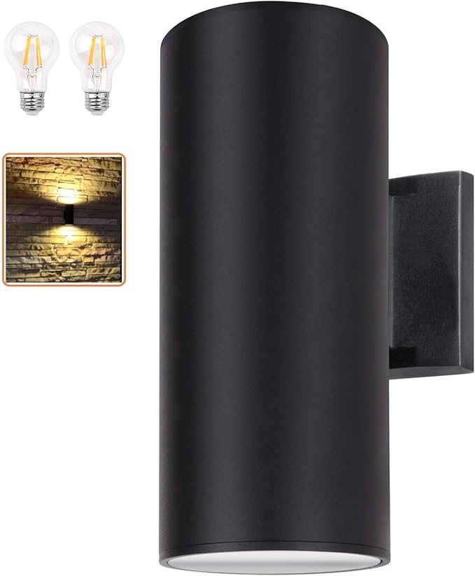 Outdoor Wall Light Exterior Lighting - ETL Listed 2 Light Bulbs Included Aluminum Waterproof Wall Mount Cylinder Design - Up Down Light Fixture for Porch Backyard and Patio