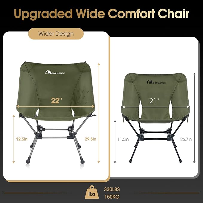 MOON LENCE Portable Camping Chair Plus Larger &amp Roomier Compact and Lightweight Still Folding Chair for Backpacking &amp Hiking 330Lbs Capacity (Moss Green-2pack)