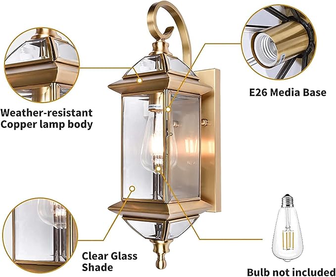 Milaii Copper Exterior Wall Light 20 H Outdoor Light Fixture Waterproof Wall Sconce Oil Rubbed Brass Porch Light with Clear Glass Lantern Wall Mount Lights for House Garage Patio Aisle