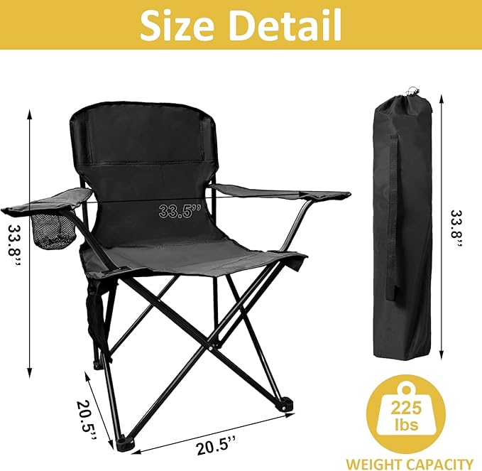 Folding Camping Chair with Cup Holder &amp Storage Bag 225lbs Capacity Large Anti-Sink Feet Breathable PE Coated Fabric for Outdoor Hiking Beach Fishing Backpacking Black
