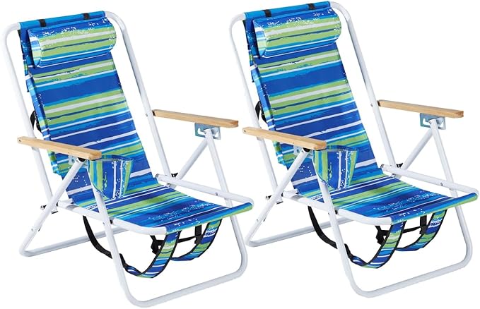 Folding Backpack Beach Chair 4 Position Portable Camping Chair with Headrest Cup Holder and Wooden Armrests (Blue Stripes 2 Packs)