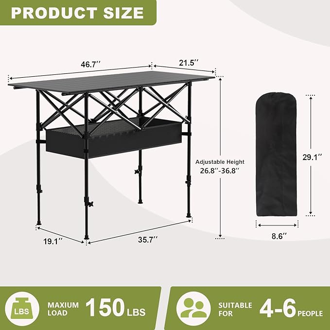 4FT Folding Camping TablePortable Roll-up Picnic Table with Carry Bag &amp Mesh StorageLightweight Camp Table for CampingPicnicBackyardPartyPatioBBQ