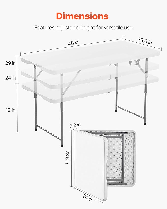 VEVOR Folding Table Heavy Duty Portable Fold-in-Half Utility Table Indoor Outdoor Plastic Rectangle Table with Built in Handle for Party Dining Wedding Events Picnic Camping 4 ft White