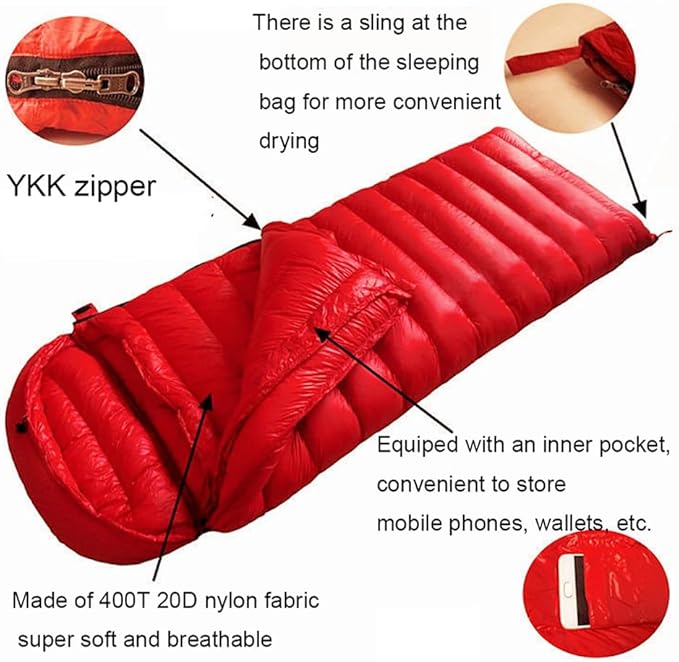 Down Sleeping Bag Filling 1000g/1200g/1500g White Goose Down Winter Sleeping Bag Envelope Sleeping Bag with Removable Cap Backpack Sleeping Bag for Hiking Camping