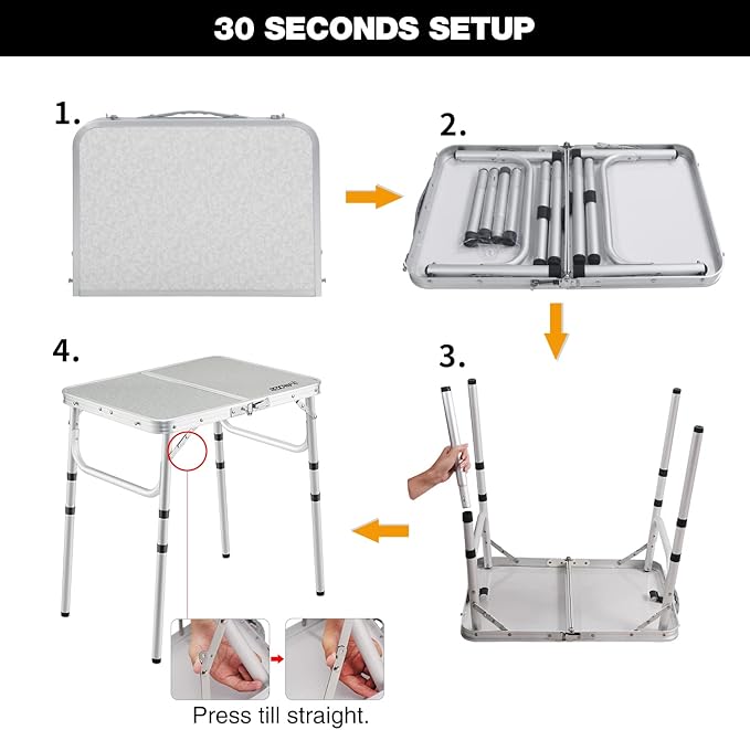 REDCAMP Small Camping Table 2 Foot Portable Aluminum Frame Folding Table Adjustable Height Lightweight for Picnic Beach Outdoor Indoor White 24 x 16 inch (3 Heights)