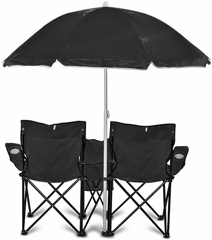 GoTEAM! Portable 2-Seat Folding Camp Chair with Cooler Umbrella &amp Cup Holders – Outdoor Picnic Beach or Tailgate Seating – Carry Case Included