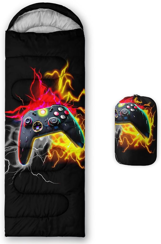 Axolotl Gaming Sleeping Bag for Boys Girls KidsGamepad Waterproof Portable Camping Bag3 Season Warm Cool Weather Lightweight Compact Camping Essentials Gear for Travelling Hiking Green Purple Orange
