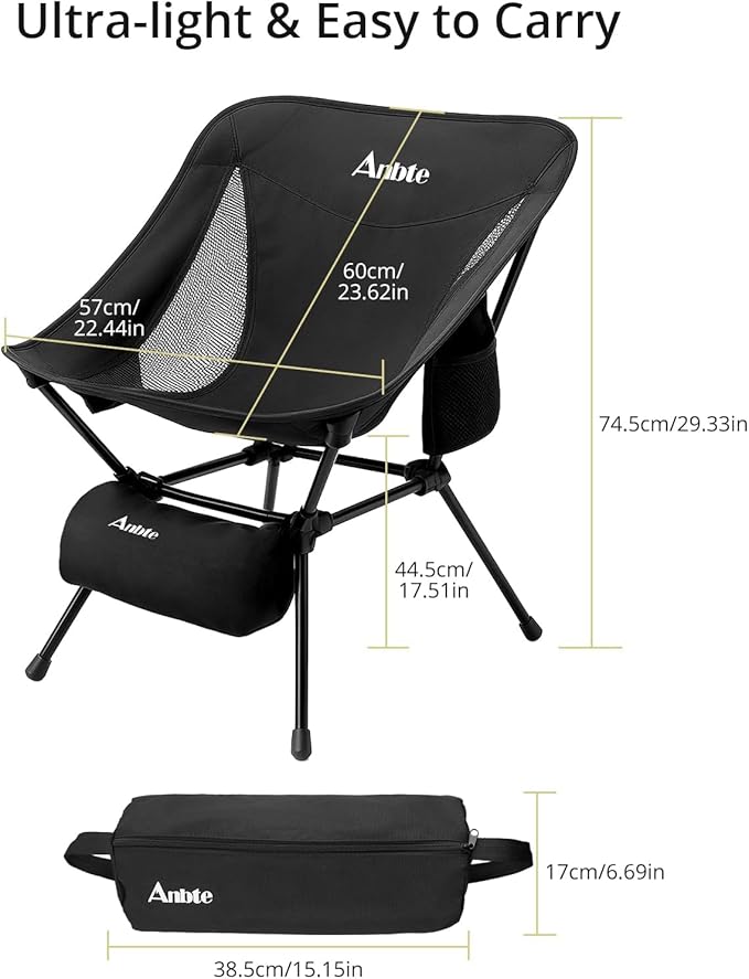 Anbte Extra Height &amp Width Portable Camping Chair 400LBS Capacity Compact Folding Chair with Square Frame Quick Setup Storage Bags on Both Sides Ideal for Camping Hiking Beach Picnic Outdoor Bl