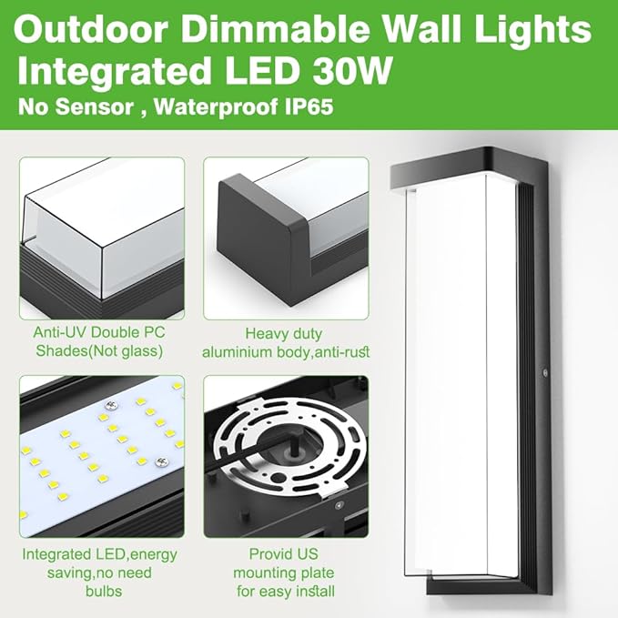 Sytmhoe LED Outdoor Wall Light Fixture16in Dimmable Modern Porch&ampPatio Wall Light Fixture6000K Black Exterior Sconce Light Mounted for House Garage Porch Courtyard(2Packs)