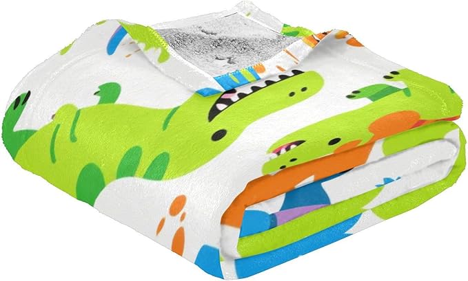Blanket Throw For Women Cartoon Roaring Dino Fluorescent Blue Green White Sofa Throws 50x70 Inches