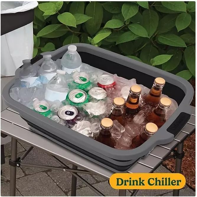 4-in-1 Expandable Prep &amp Serve Tub - 3 Gallon Collapsible Marinating and Brining Container with Cutting Board Lid - Gray
