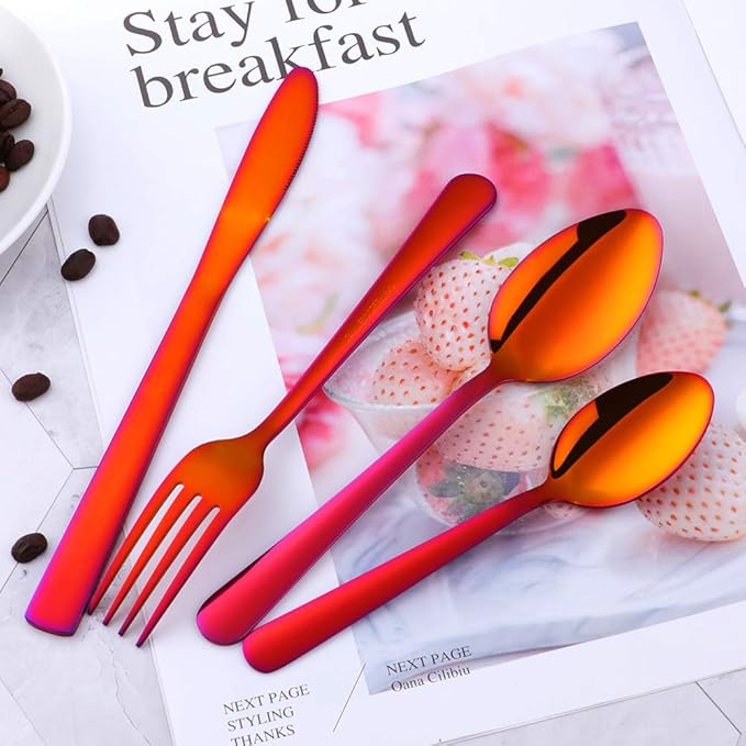 Buyer Star 20-Piece Rainbow Red Silverware Flatware Set for 5 Light Weight Cutlery Sets for Travel Camping Hand Polish Dishwasher Safe