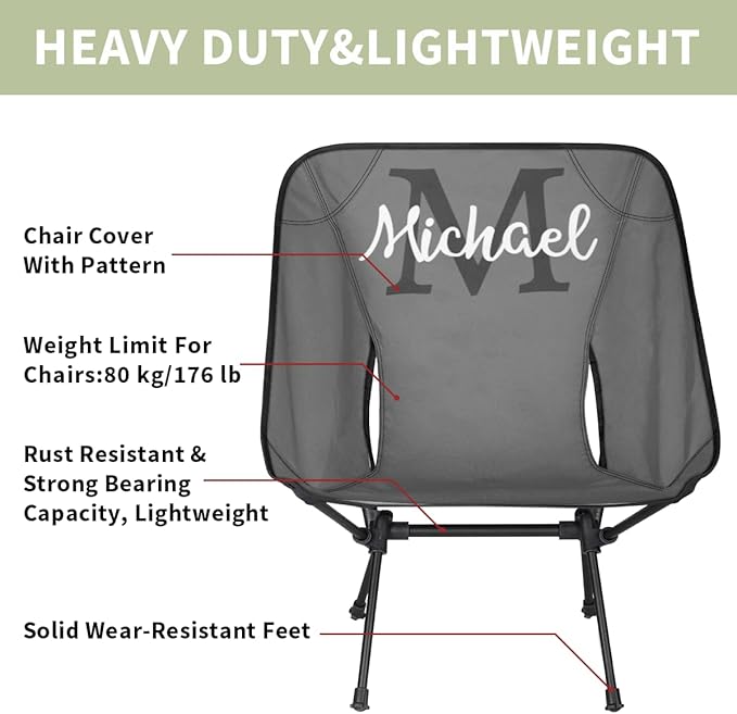 Custom Gray Portable Camping Chair Personalized Backpacking Chair with Name Lightweight Foldable Chairs for Hiking Beach