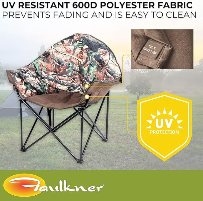 Faulkner Big Dog Bucket Chair Camouflage Foldable Oversized Camping Chair with Cup Holder and Carry Bag 300 lb Capacity Padded Steel Frame 34.3 Inches Wide