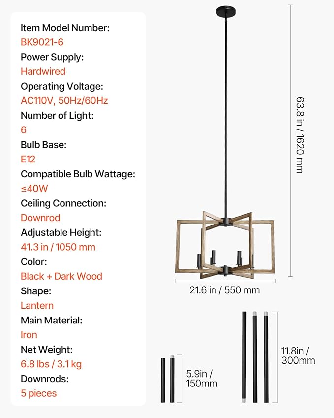 VEVOR 6-Light Chandelier Metal Farmhouse Chandelier Adjustable Height Dining Room Hanging Light Fixture for Ceilings Modern Chandelier for Bedroom Foyer Hall Kitchen Living Room and Entryway