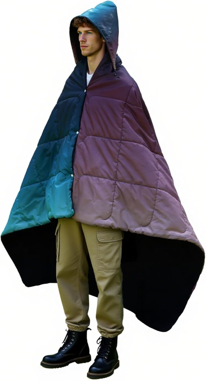 zzlamb Hooded Stadium BlanketWaterproof Outdoor Camping Blanket Polar FleeceWarm Windproof Portable for StadiumSportsPicnicBeachCarPets56x75in Purple Green Fade